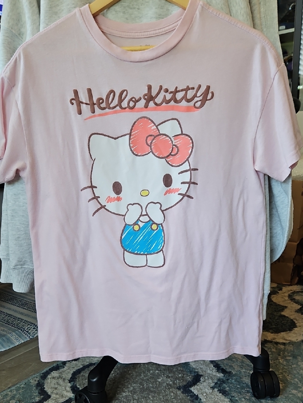 Hello Kitty Light Pink Short Sleeve Tee with Blue Overalls Graphic